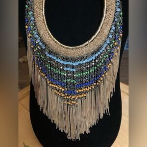 Zara Gold Tone Beaded Fringe Statement Bib Necklace Boho Multi Color Mixed Media